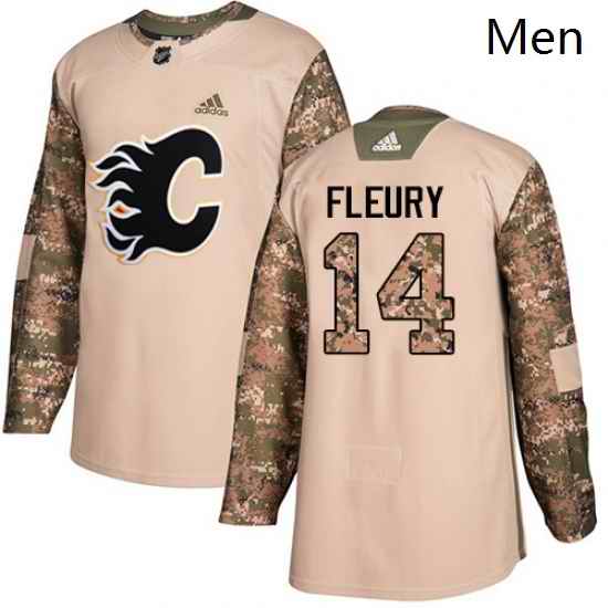 Mens Adidas Calgary Flames 14 Theoren Fleury Authentic Camo Veterans Day Practice NHL Jersey